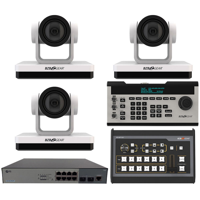 BZBGear 3 x 12x PTZ Camera Broadcast Kit with 6-Channel Mixer, 8-Port Switch & Controller (White)