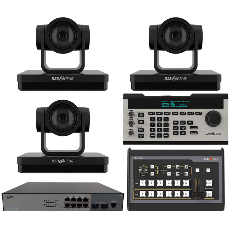 BZBGear 3 x 20x PTZ Camera Broadcast Kit with 6-Channel Mixer, 8-Port Switch & Controller (Black)