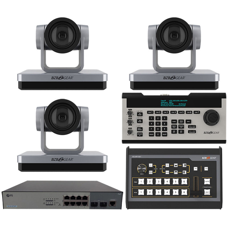 BZBGear 3 x 30x PTZ Camera Broadcast Kit with 6-Channel Mixer, 8-Port Switch & Controller (Silver)