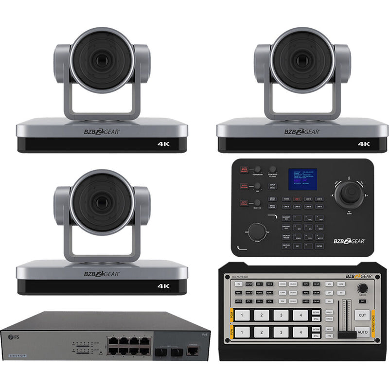 BZBGear Broadcast Kit with 3 x 4K NDI PTZ Cameras, Controller, 4-Port Mixer & 8-Port Switch