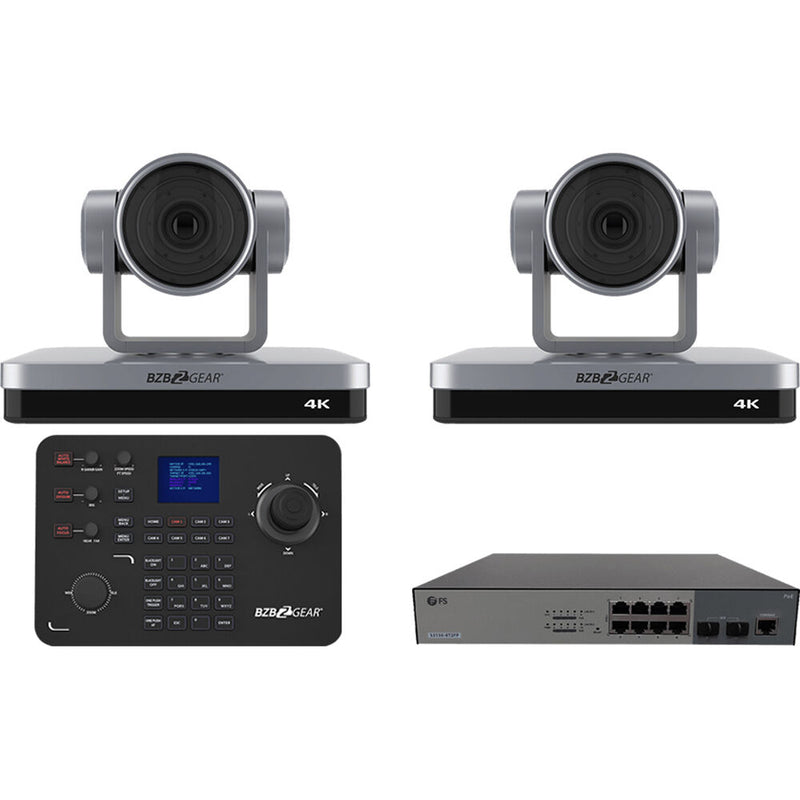 BZBGear Broadcast Kit with 2 x 12x Zoom 4K NDI PTZ Cameras, Joystick Controller & PoE Switch