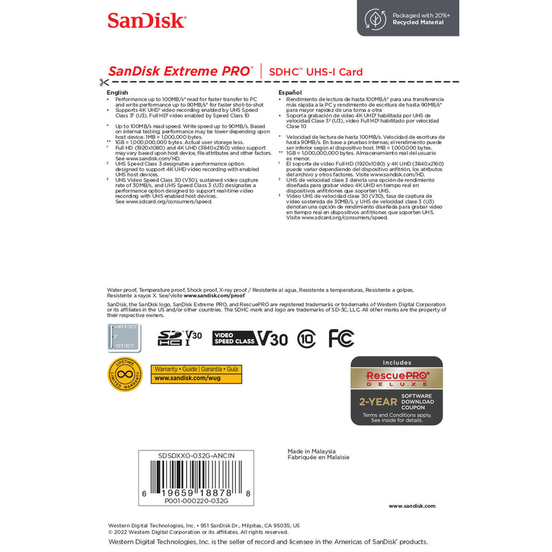 SanDisk 32GB Extreme PRO UHS-I SDHC Memory Card