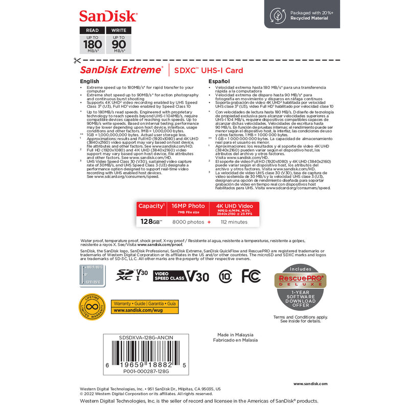 SanDisk 128GB Extreme UHS-I SDXC Memory Card