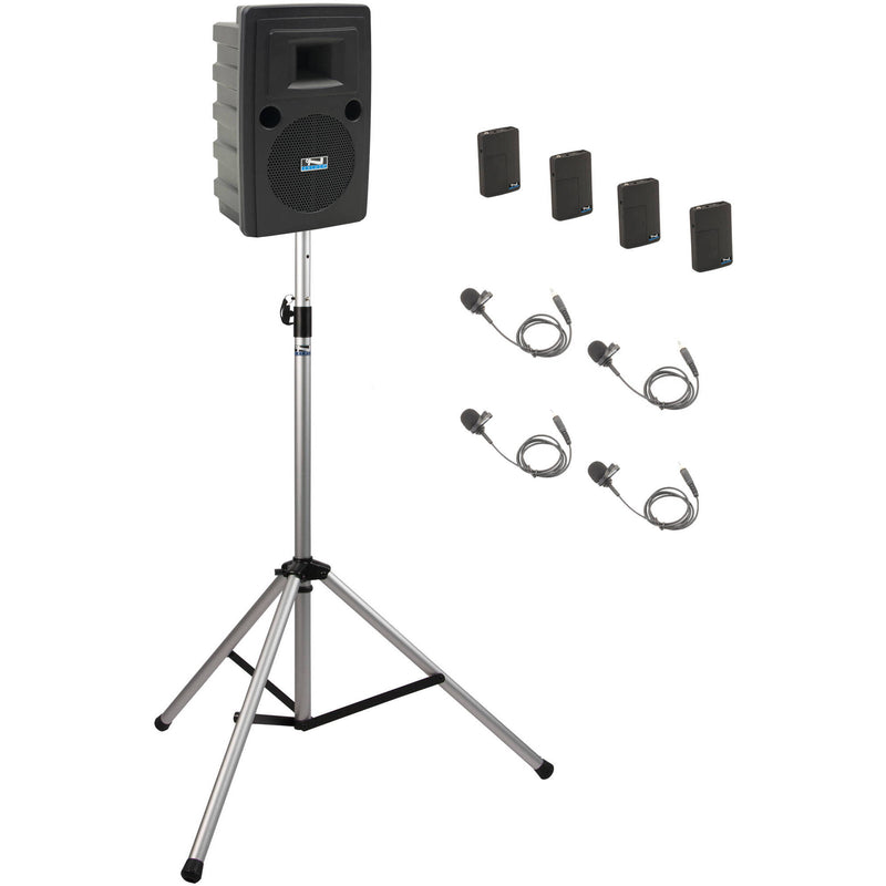 Anchor Audio Liberty System 4 with Four Beltpacks, Four Lapel Mics, and Stand