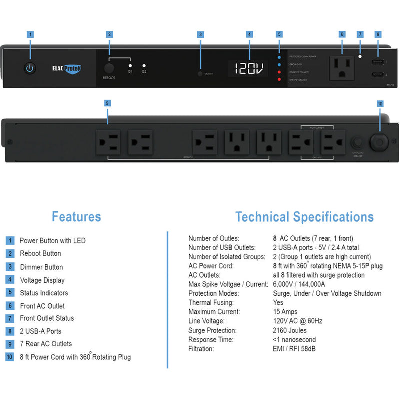 ELAC ProteK 8-Outlet Rackmount Surge Protector and Conditioner