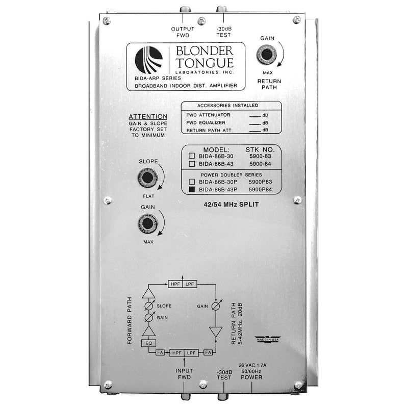 Blonder Tongue Broadband Indoor Distribution Amplifier with Power Doubling (43 dB, 860 MHz)