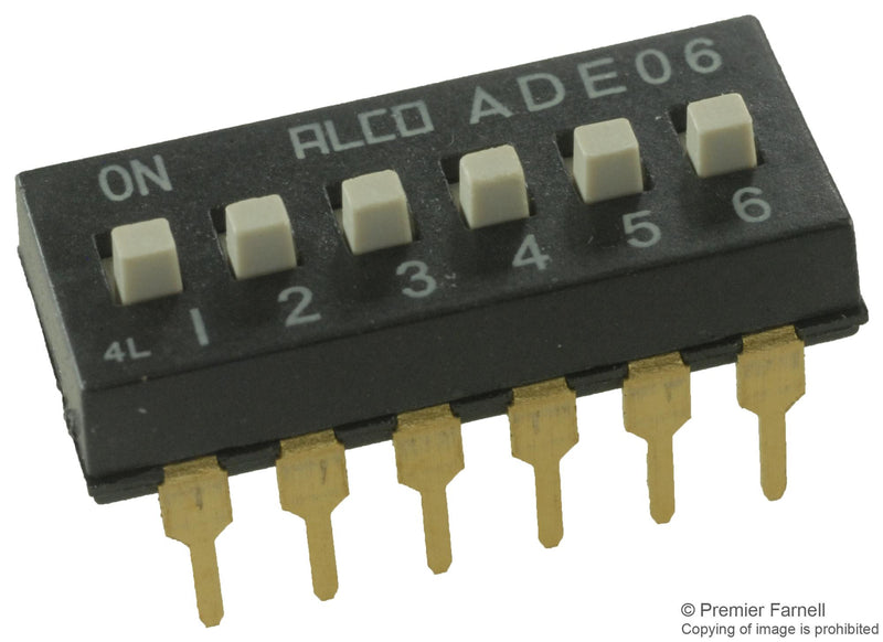 ALCOSWITCH - TE CONNECTIVITY ADE0604 SWITCH, DIP, 6 POS, SPST, RAISED SLIDE