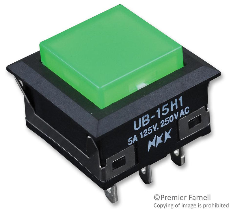 NKK Switches UB15KKW015F-FF Switch Pushbutton Illuminated Spdt 0.1A 28V Green