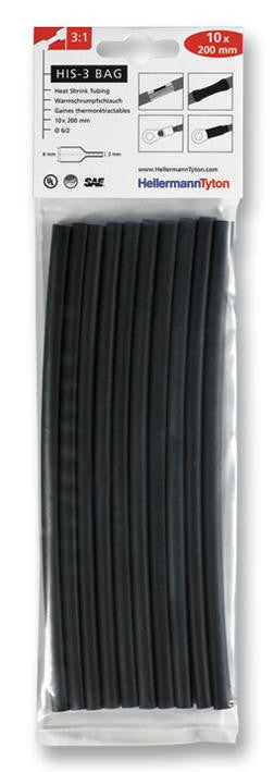 HELLERMANNTYTON HIS-3 6/2 BLK 3:1 Heatshrink Tubing Black 6 x 200mm 10 Pack