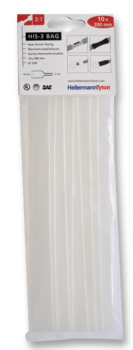 HELLERMANNTYTON HIS-3 12/4 CLR Heat Shrink Tubing, HIS-3, Pk of 10 200mm Pieces, 12 mm, 0.472 ", 3:1, Transparent, 7.87 ", 200 mm