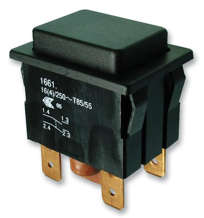 MARQUARDT 1661.0101-00 Pushbutton Switch, Off-(On), SPDT-NO, 250 V, 16 A, Quick Connect, Solder