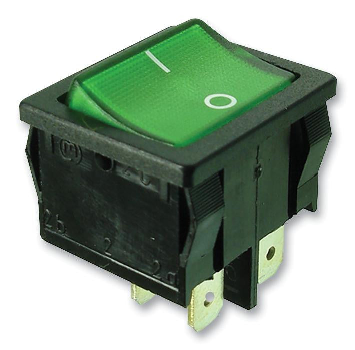 MARQUARDT 1805.7109-03 Rocker Switch, DPST, On-Off, 10A, 250V, Green Illumination with I/O Marking, Panel Mount