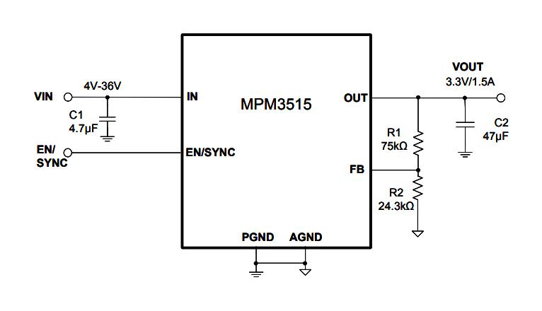 Monolithic Power Systems (MPS) MPM3515GQVE-AEC1-P DC/DC POL Converter Adjustable Sync Buck 2.2MHz 4V to 36V in 0.8V 30.6V/1.5A Out QFN-17 New