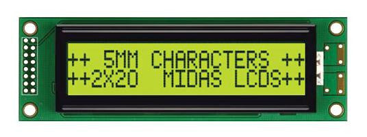 MIDAS MC22005A6WK-SPTLY-V2 Alphanumeric LCD, 20 x 2, Black on Yellow / Green, 5V, Parallel, English, Euro, Transflective