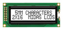 MIDAS MC21605B6W-FPTLW-V2 Alphanumeric LCD, 16 x 2, 5V, English, Euro, Japanese, Transflective