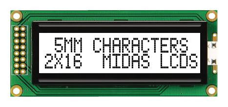MIDAS MC21605B6W-FPTLW-V2 Alphanumeric LCD, 16 x 2, 5V, English, Euro, Japanese, Transflective
