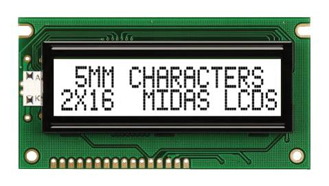 MIDAS MC21605A6WR-FPTLW-V2 Alphanumeric LCD, 16 x 2, 5V, English, Cyrillic, Japanese, Transflective