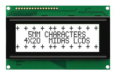 MIDAS MC42005A6W-FPTLW-V2 Alphanumeric LCD, 20 x 4, Black on White, 5V, Parallel, English, Japanese, Transflective