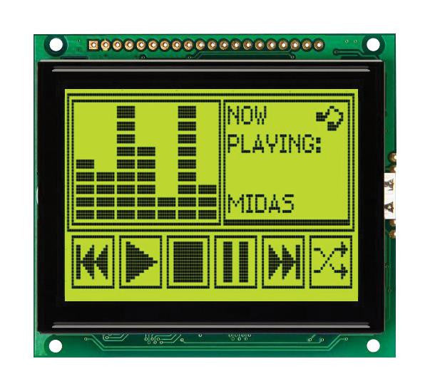 MIDAS MC128064B6W-SPTLY-V2 Graphic LCD, 128 x 64 Pixels, Black on Yellow / Green, 5V, Parallel, No Font, Transflective