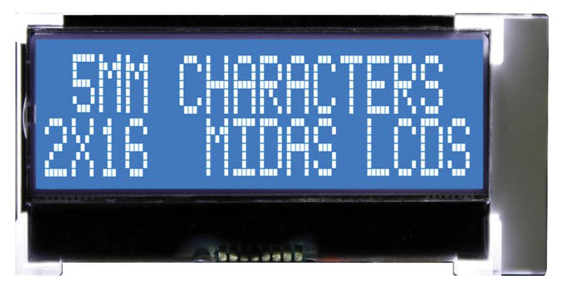 MIDAS MCCOG21605D6W-BNMLWI Alphanumeric LCD, 16 x 2, White on Blue, 3V to 5V, I2C, English, Japanese, Transmissive