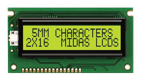 MIDAS MC21605A6WD-SPTLY-V2 Alphanumeric LCD, 16 x 2, Black on Yellow / Green, 5V, Parallel, English, Japanese, Transflective