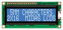 MIDAS MC21605G6WD-BNMLW-V2 Alphanumeric LCD, 16 x 2, White on Blue, 5V, Parallel, English, Japanese, Transmissive