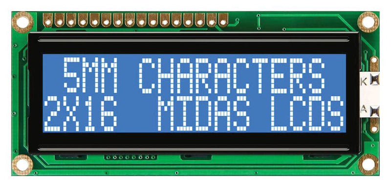 MIDAS MC21605G6WD-BNMLW-V2 Alphanumeric LCD, 16 x 2, White on Blue, 5V, Parallel, English, Japanese, Transmissive