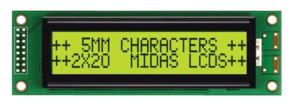 MIDAS MC22005A6W-SPTLY-V2 Alphanumeric LCD, 20 x 2, Black on Yellow / Green, 5V, Parallel, English, Japanese, Transflective