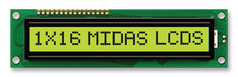 MIDAS MC11609A6W-SPTLY-V2 Alphanumeric LCD, 16 x 1, Black on Yellow / Green, 5V, English, Japanese, Transflective
