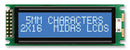 MIDAS MC21605DC6W-BNMLW-V2 Alphanumeric LCD, 16 x 2, White on Blue, 5V, Parallel, English, Japanese, Transmissive