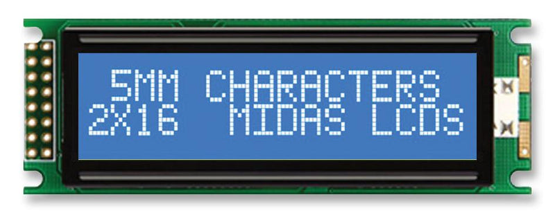 MIDAS MC21605DC6W-BNMLW-V2 Alphanumeric LCD, 16 x 2, White on Blue, 5V, Parallel, English, Japanese, Transmissive