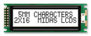MIDAS MC21605DC6W-FPTLW-V2 Alphanumeric LCD, 16 x 2, Black on White, 5V, Parallel, English, Japanese, Transflective