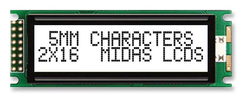 MIDAS MC21605DC6W-FPTLW-V2 Alphanumeric LCD, 16 x 2, Black on White, 5V, Parallel, English, Japanese, Transflective
