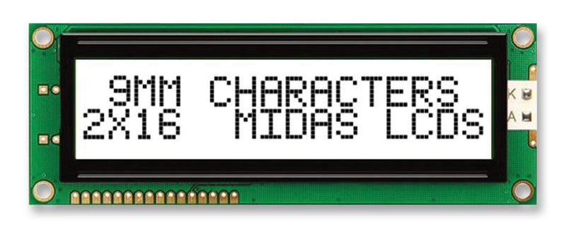 MIDAS MC21609AB6W-FPTLW-V2 Alphanumeric LCD, 16 x 2, Black on White, 5V, Parallel, English, Japanese, Transflective