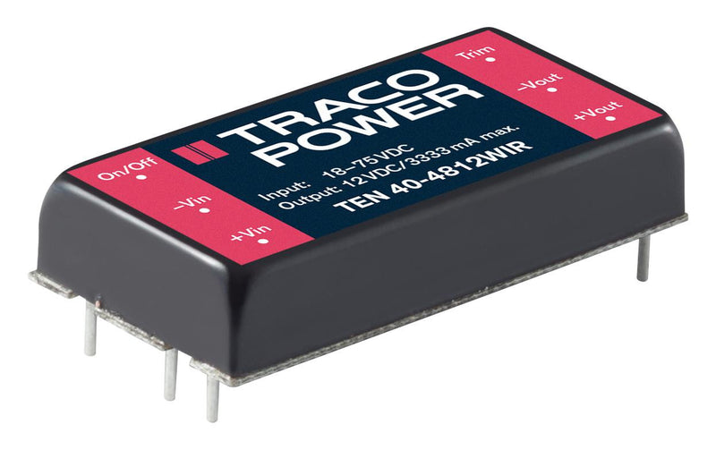 TRACOPOWER TEN 40-2412WIR Isolated Board Mount DC/DC Converter, Metal Case, 1 Output, 40 W, 12 V, 3.333 A