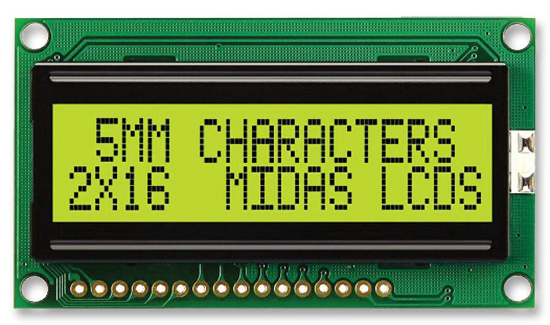 MIDAS MC21605H6WR-SPTLY-V2 Alphanumeric LCD, 16 x 2, Black on Yellow / Green, 5V, Parallel, English, Cyrillic, Transflective