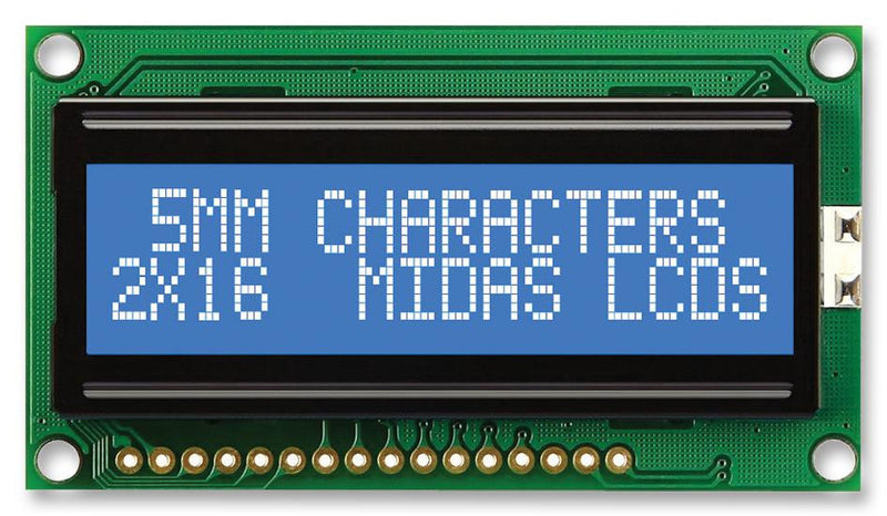 MIDAS MC21605H6W-BNMLW-V2 Alphanumeric LCD, 16 x 2, White on Blue, 5V, Parallel, English, Japanese, Transmissive