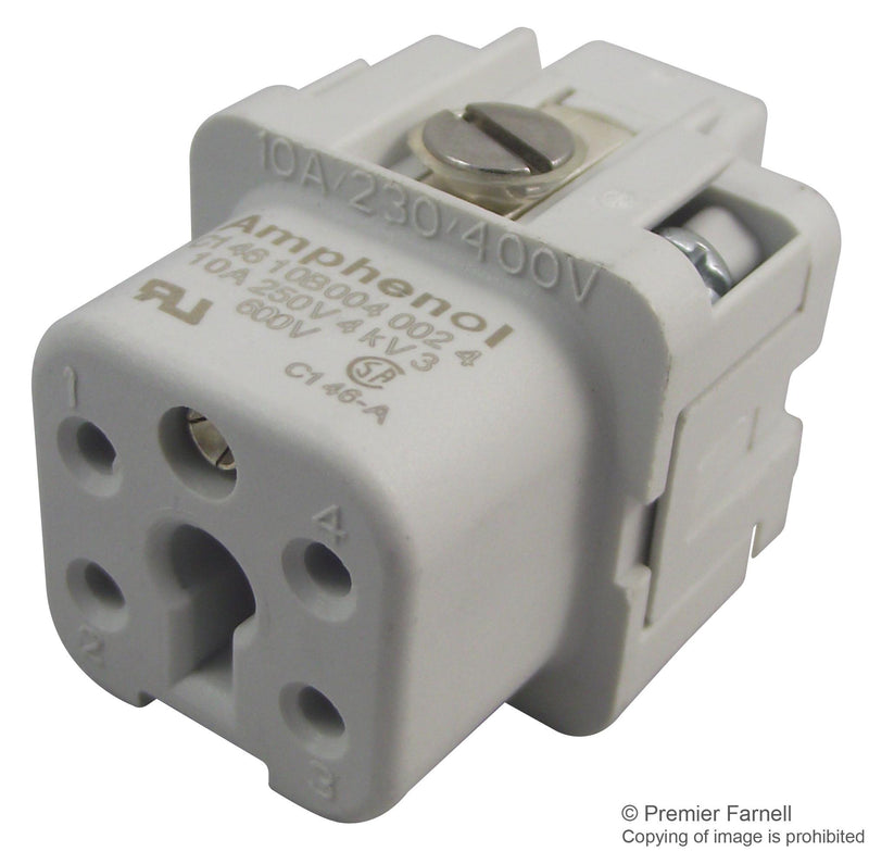 AMPHENOL SINE/TUCHEL C146 10B004 002 4 Heavy Duty Connector Insert, 4+PE Signal, Heavy Mate A Series, Receptacle, A3/4, 5 Contacts, 10 A