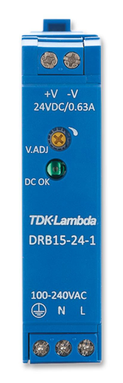 TDK-LAMBDA DRB-15-24-1 AC/DC DIN Rail Power Supply (PSU), Compact, 1 Output, 15.12 W, 24 VDC, 630 mA