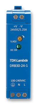 TDK-LAMBDA DRB-30-24-1 AC/DC DIN Rail Power Supply (PSU), Compact, 1 Output, 30 W, 24 VDC, 1.25 A