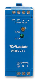 TDK-LAMBDA DRB-50-24-1 AC/DC DIN Rail Power Supply (PSU), Compact, 1 Output, 50.4 W, 24 VDC, 2.1 A
