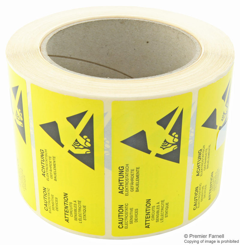 MULTICOMP 055-0083 Label, ESD, Caution, Paper, Black on Yellow, Warning, 38mm x 76mm, Pack of 1000