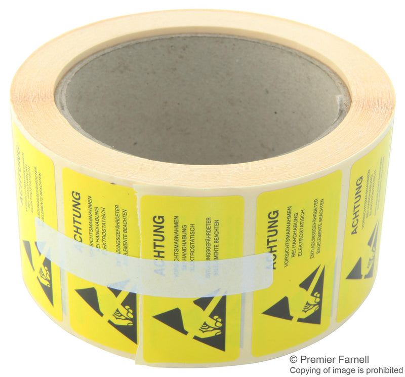 MULTICOMP 055-0084 Label, ESD, Caution, Paper, Black on Yellow, Warning, 25mm x 50mm, Pack of 1000