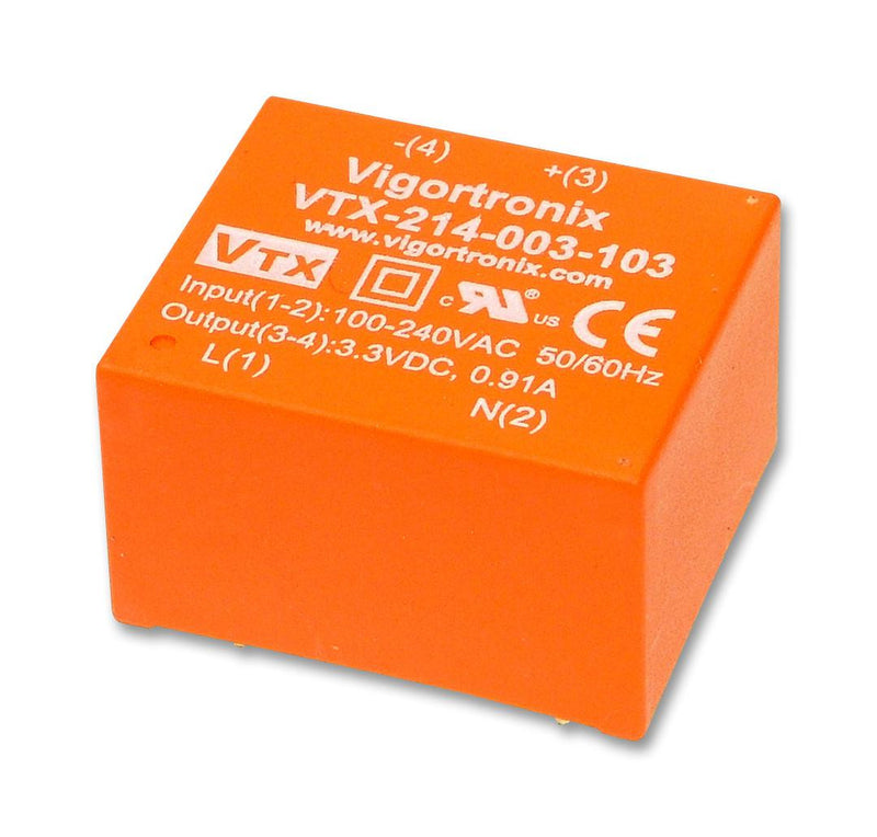 VIGORTRONIX VTX-214-003-103 AC/DC PCB Mount Power Supply (PSU), Class II, 1 Output, 3 W, 3.3 V, 900 mA