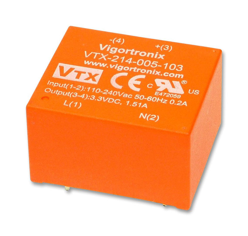 VIGORTRONIX VTX-214-005-112 AC/DC PCB Mount Power Supply (PSU), Class II, 1 Output, 5 W, 12 V, 416 mA