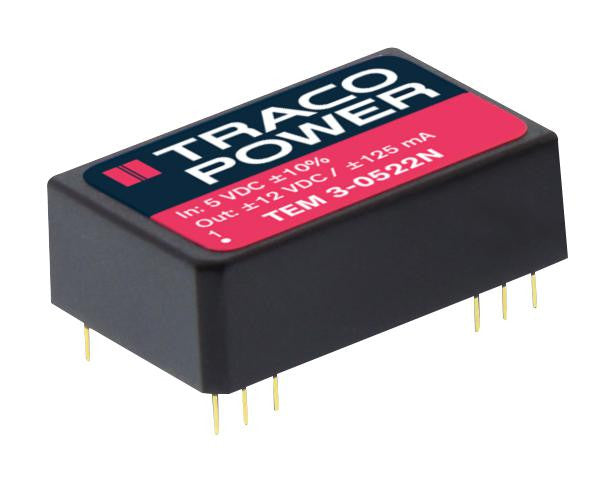 TRACOPOWER TEM 3-0523N Isolated Board Mount DC/DC Converter, Regulated, Through Hole, 3W, 15V, 100mA, -15V, 100mA