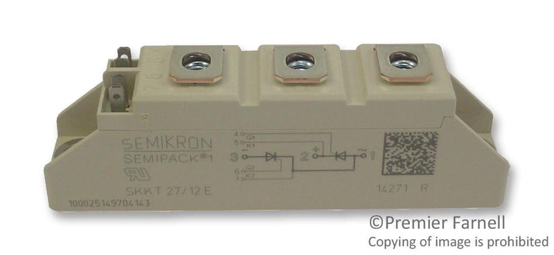 SEMIKRON SKKT 27/12 E Thyristor, 1.2 kV, 25 A, 50 A, Module, 7 Pins