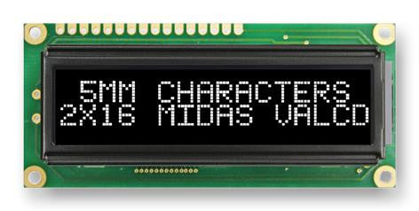 MIDAS MC21605G12W-VNMLWI Alphanumeric LCD, 16 x 2, White on Black, 5 V, I2C, English / Japanese, Transmissive