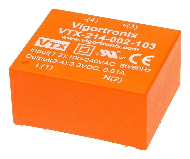VIGORTRONIX VTX-214-002-115 AC/DC PCB Mount Power Supply, Low Profile, Fixed, 90 V, 277 V, 2 W, 15 V, 133 mA