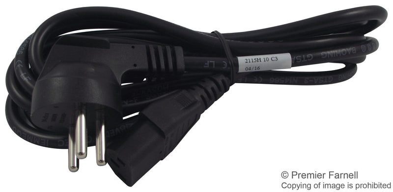 VOLEX 2115H Mains Power Cord, Mains Plug, Israel, IEC 60320 C13, 8.2 ft, 2.5 m, Black